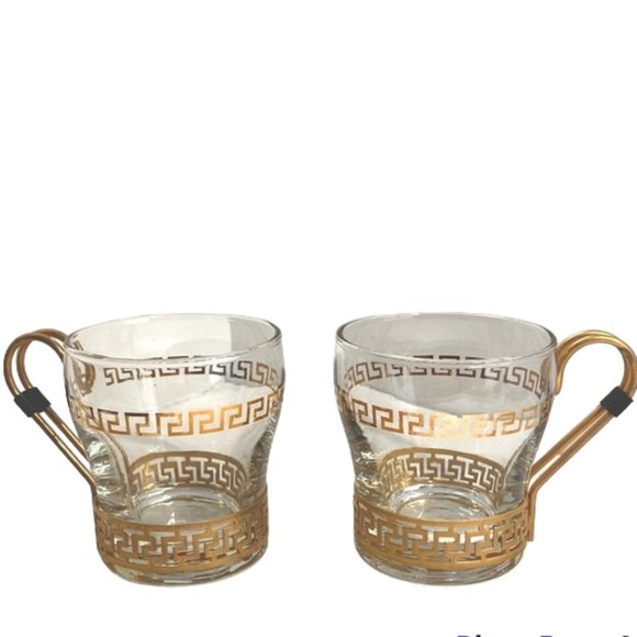 LIBBEY Vintage 1960s Hollywood Regency Greek Key 2 Glasses Key Metal Handles - Picture 4 of 16